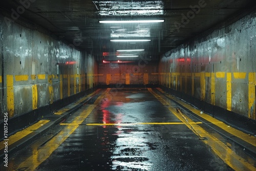 A wet and dimly lit parking tunnel with reflective surfaces and contrasting yellow paint, evoking a gritty, mysterious atmosphere