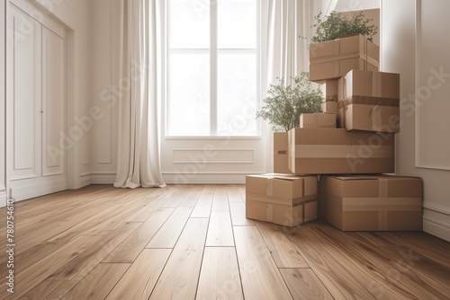 new home owners concept with cardboard boxes arriving into new apartment photo