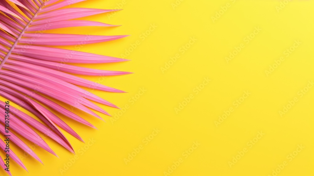 A palm tree with tropical pink leaves on a yellow background and a place for text. The concept of recreation, tourism and sea travel. A palm tree with tropical pink leaves on a yellow background and a place for text. The concept of recreation, tourism and sea travel.