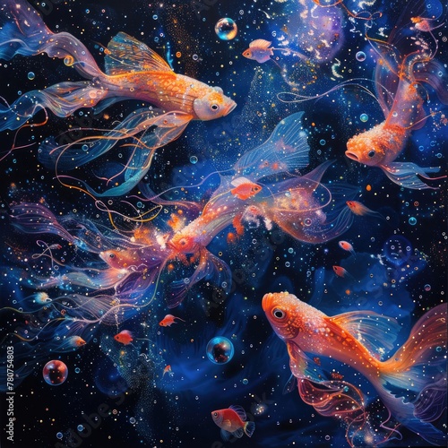 Goldfish Swimming in Cosmic Space Illustration