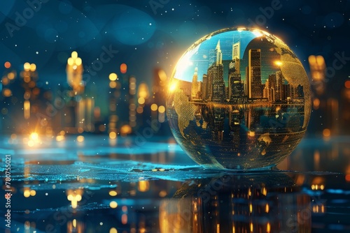 Abstract vector world globe with a cityscape inside, using blue and gold colors, with a technology background for web design Generative AI
