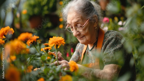 Retirement hobby lifestyle green color adults only, elderly woman in flower garden