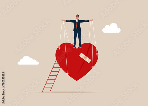 Heart on manipulative strings. Manipulation control master. Manipulation marionette concept vector illustration. 