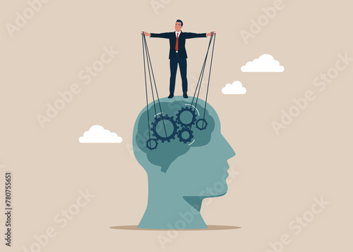 Effort and time to make money. Manipulate man mind, mental control ropes. Flat vector illustration