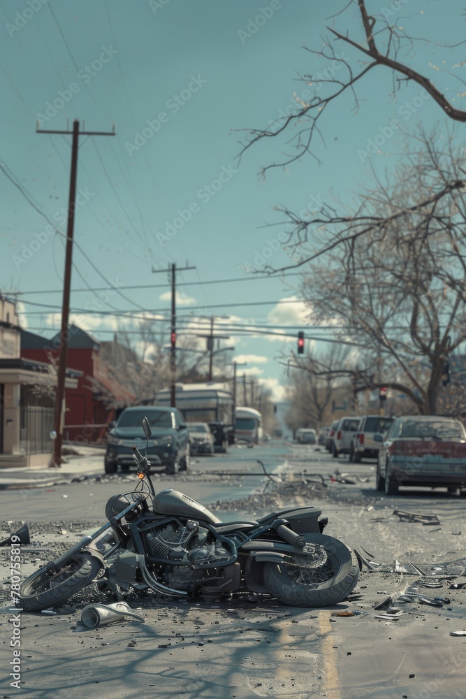 a motorcycle accident scene unfolds on the street, with scattered debris and nearby vehicles bearing witness to the aftermath

