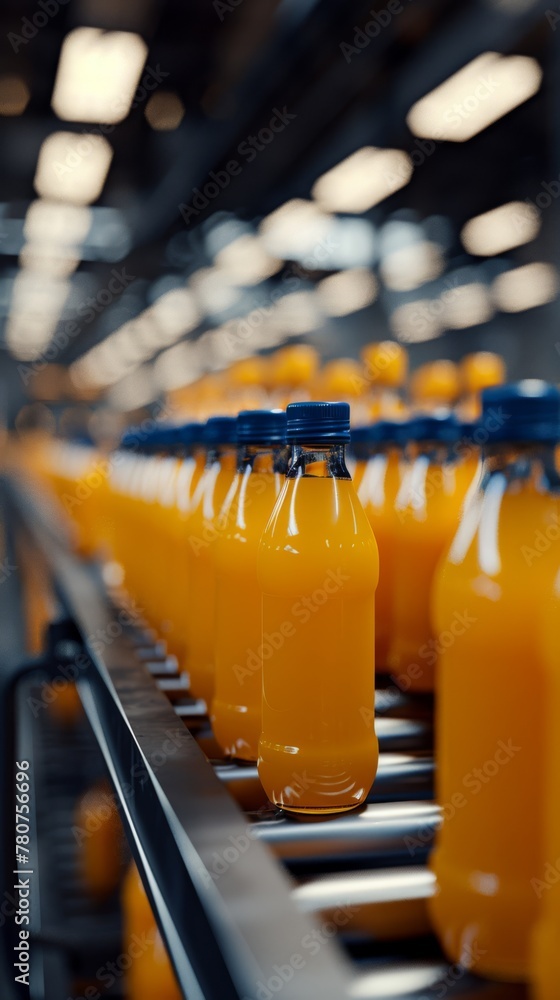 a orange juice bottle on the conveyor belt of a modern product production line in a factory
a orange juice bottle on the conveyor belt of a modern product production line in a factory