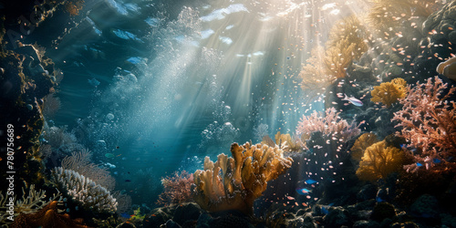 Underwater view of sunrays shining through the ocean surface, vibrant coral reef with diverse fish species © Anna