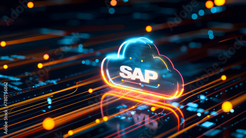Cloud Computing Data Management. Neon glowing cloud symbol with a dynamic digital circuit pattern background. SAP technology