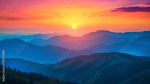 Sunset over mountains with a blend of warm and cool tones in the sky.