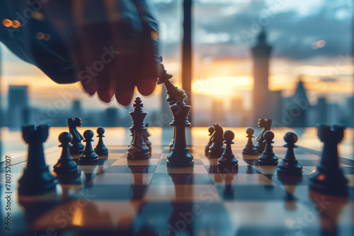 Hand strategically moving a chess piece with a city skyline bathed in sunset in the background. business strategy, decision-making, and the thoughtful consideration concept photo