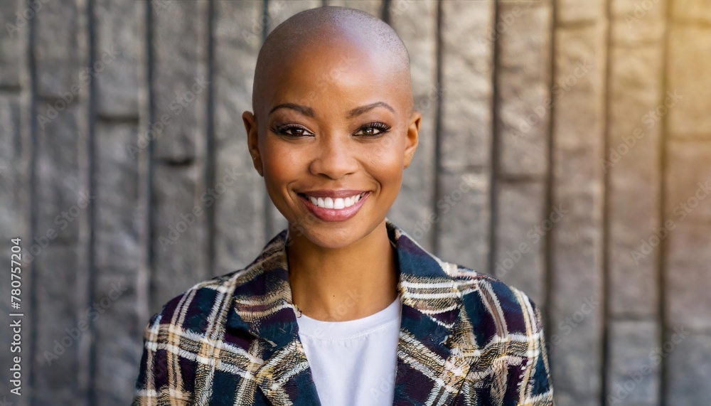 Happy woman with shaved head wearing plaid jacket standing in front of wall Happy woman with shaved head wearing plaid jacket standing in front of wall