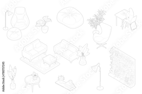 Axonometric furniture set, vector