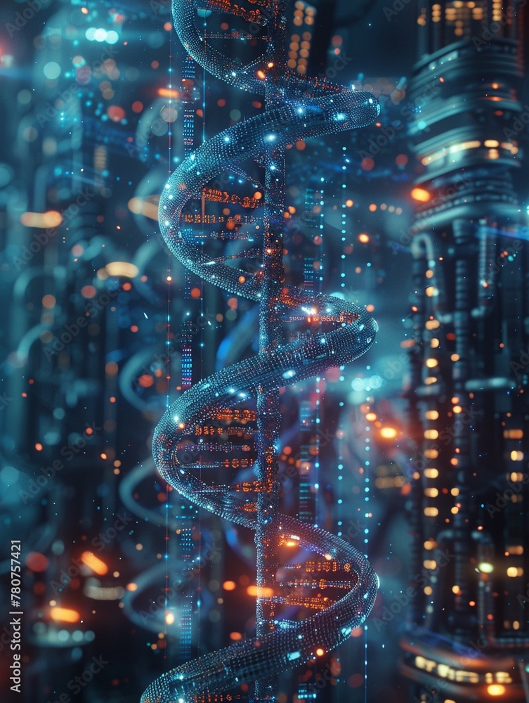 Design an image showcasing the interconnected world of biotechnology breakthroughs through a wide-angle perspective Incorporate elements like DNA strands, scientific equipment Design an image showcasing the interconnected world of biotechnology breakthroughs through a wide-angle perspective Incorporate elements like DNA strands, scientific equipment