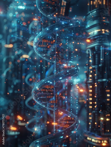 Design an image showcasing the interconnected world of biotechnology breakthroughs through a wide-angle perspective Incorporate elements like DNA strands, scientific equipment