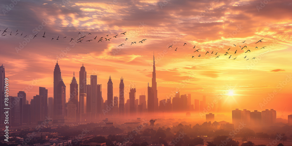 City skyline with skyscrapers at sunrise and migrating birds in the sky