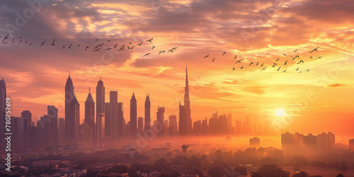 City skyline with skyscrapers at sunrise and migrating birds in the sky photo