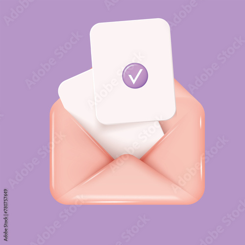 New email with purple check mark. Yellow envelope icon. Sending, reading, notifications. Vector illustration.