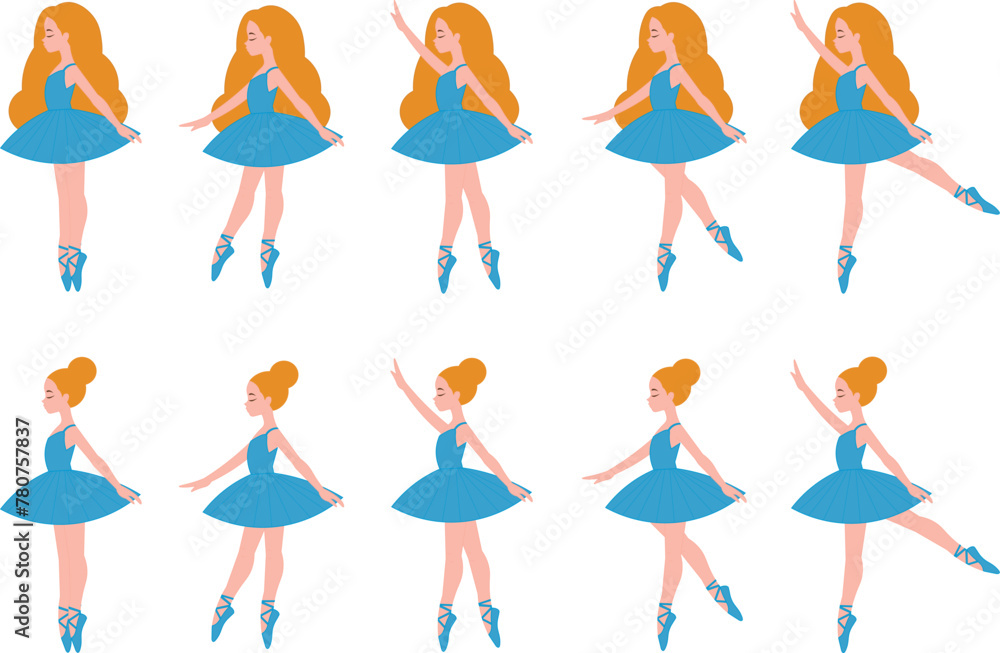 Fototapeta premium Cute ballerina adorable illustration, ballerina with clothes in blue tones pattern, various poses