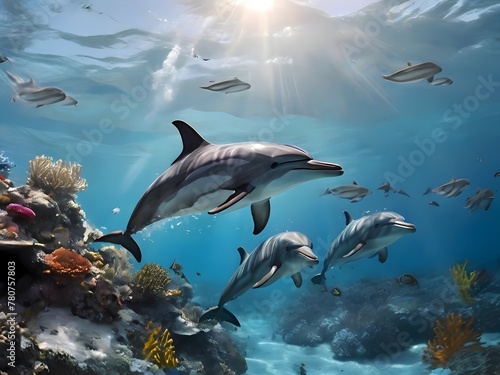 dolphins swimming in clear water 
