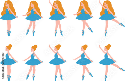 Cute ballerina adorable illustration, ballerina with clothes in blue tones pattern, various poses