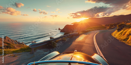 Classic car driving on a coastal road at sunset with ocean view photo