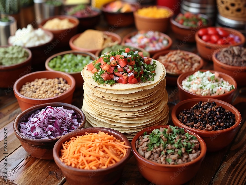 A creative photo idea showcasing a DIY taco bar, with colorful bowls of toppings arranged in a circle around a central stack of tortillas, soft lighting