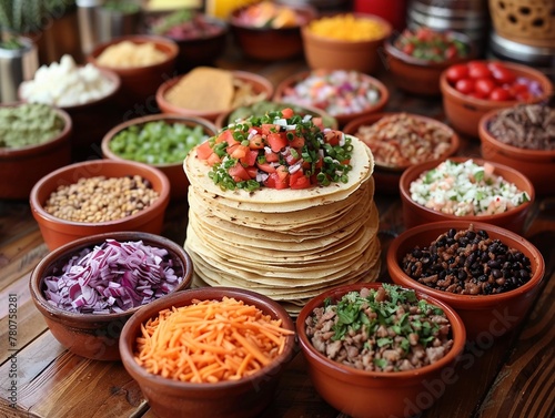 A creative photo idea showcasing a DIY taco bar, with colorful bowls of toppings arranged in a circle around a central stack of tortillas, soft lighting