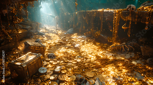 A mound of gold coins on the ocean floor, surrounded by rocks and with light shining down on them.