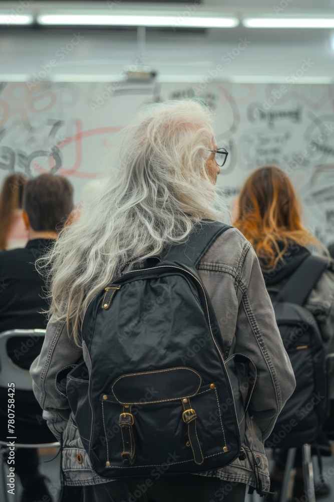 view from behind, a elderly woman with long hair carrying her black backpack in front of some people sitting on chairs watching the whiteboard at school
