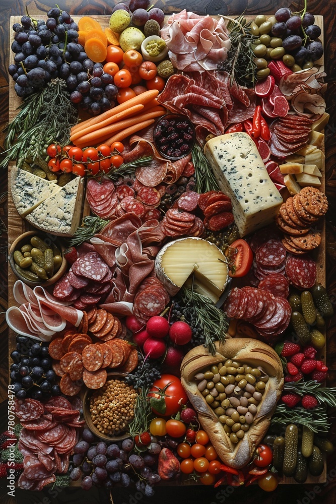 An overhead view of a charcuterie board laden with an assortment of cured meats, cheeses, and pickled vegetables, arranged in an eyecatching display, soft shadowns An overhead view of a charcuterie board laden with an assortment of cured meats, cheeses, and pickled vegetables, arranged in an eyecatching display, soft shadowns