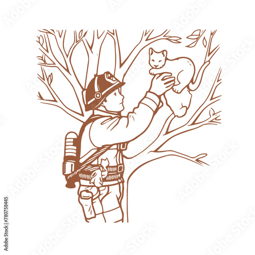A firefighter is holding a kitten in a tree