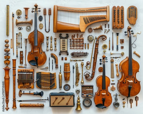 An artistic composition of musical instruments arranged in a harmonious pattern, celebrating the universal language of music, soft lighting