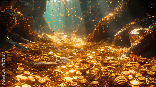 A mound of gold coins on the ocean floor, surrounded by rocks and with light shining down on them. photo
