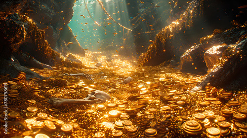 A mound of gold coins on the ocean floor, surrounded by rocks and with light shining down on them.