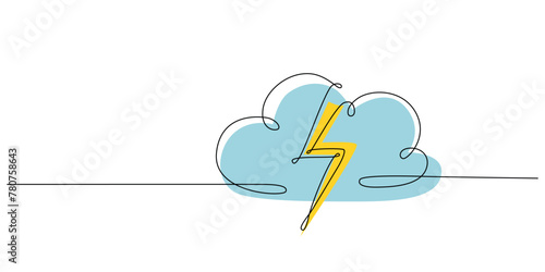 Storm, lightning and cloud - hand drawing one single continuous line banner. Vector stock illustration isolated on white background for design template weather forecast, travel blog. Editable stroke.