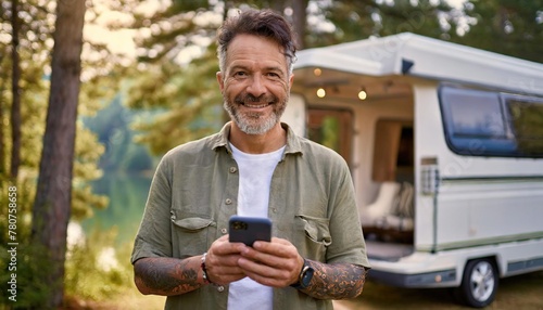 Mature tattooed man standing near rv camper van on vacation using mobile phone. Smiling mature active traveler holding smartphone enjoying free internet in camping tourism nature park photo