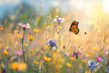 Nature garden field with fresh flower and butterfly, wild grassland in spring season with sunset and beautiful sky background.