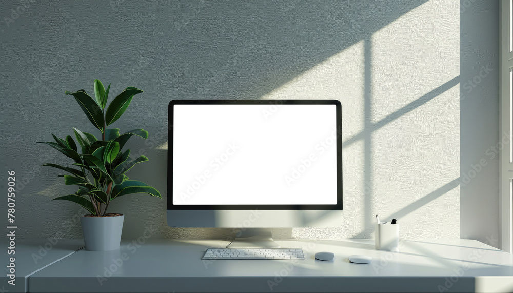 Fototapeta premium A computer monitor sits on a desk in front of a window by AI generated image