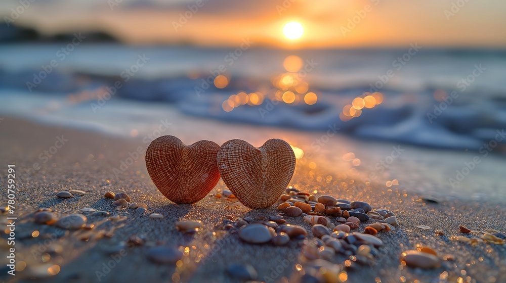 Fototapeta premium Sunset Beach Romance with Heart-Shaped Shells