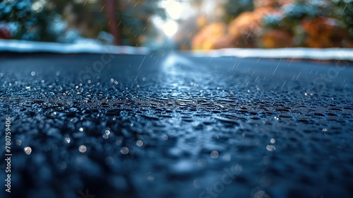 Raindrops on Asphalt Road with Autumn Foliage