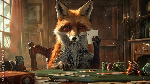 Cunning Fox Engaged in Card Game,Showcasing Faunal Strategizing