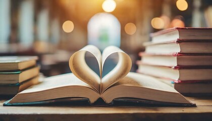  Love story book with open page of literature in heart shape and stack piles of text books on reading desk in library