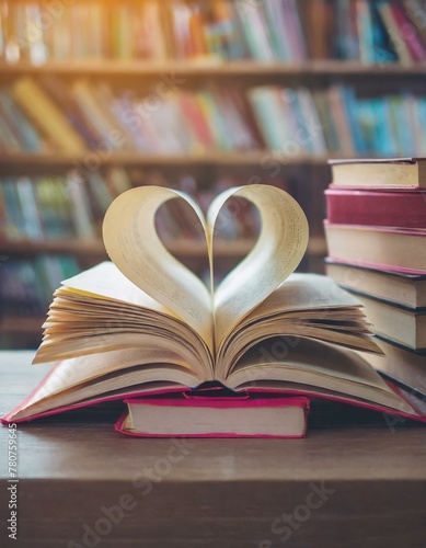  Love story book with open page of literature in heart shape and stack piles of text books on reading desk in library