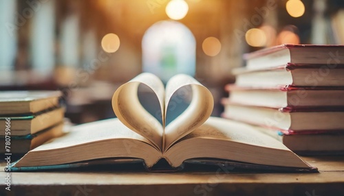  Love story book with open page of literature in heart shape and stack piles of text books on reading desk in library photo