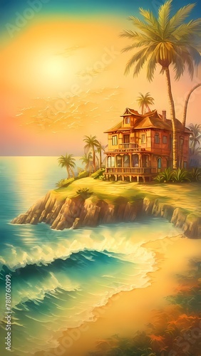 An island in the middle of the ocean and an old house on it in the shade of palm trees. Generative AI, Generative, AI