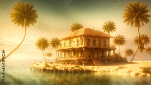 An island in the middle of the ocean and an old house on it in the shade of palm trees. Generative AI, Generative, AI