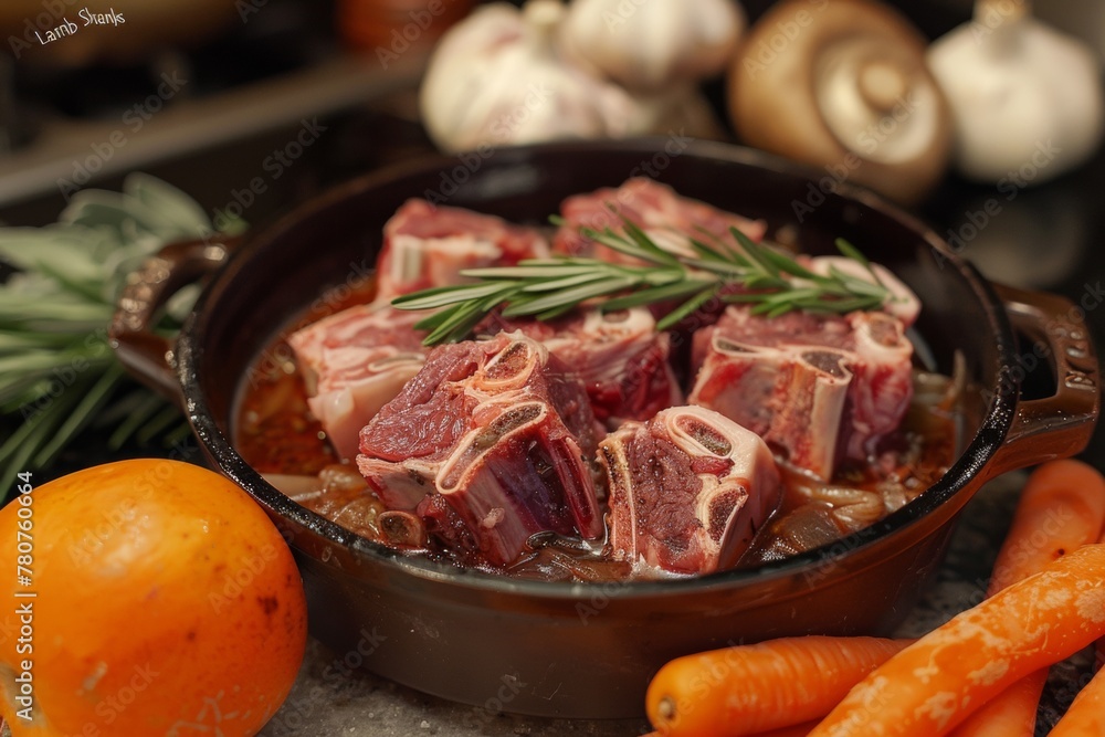 Slow-cooked lamb shanks in cast iron pan