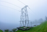 Electrical Power Lines Tower Dam Water Mist Landscape