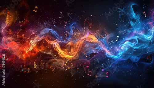 A colorful, swirling line of music notes and stars by AI generated image photo