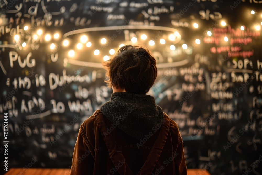 A student standing in front of a chalkboard filled with unsolved equations, student solved math, Ai generated A student standing in front of a chalkboard filled with unsolved equations, student solved math, Ai generated